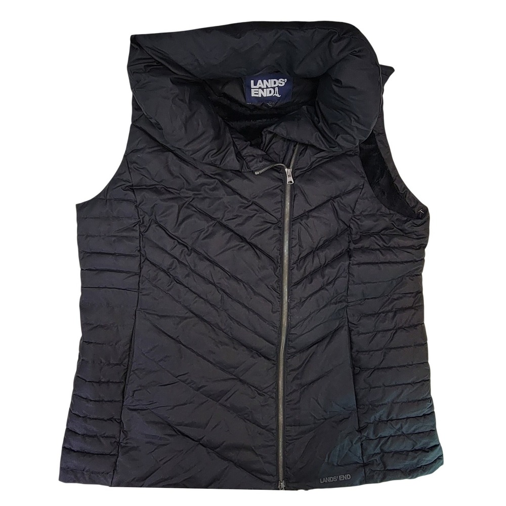 Lands End Black Quilted Down Vest Women's Insulated Puffer Full Zip Stand Collar